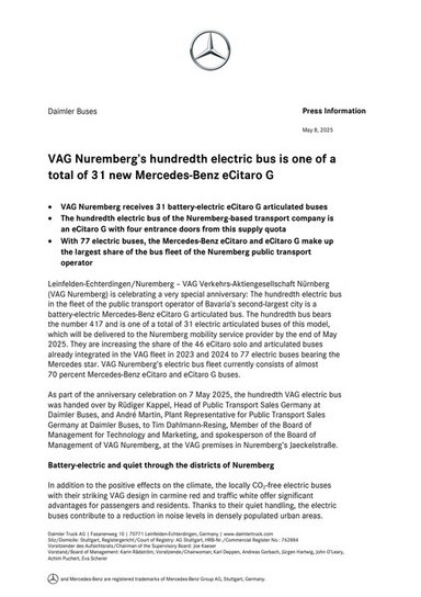 VAG Nuremberg’s hundredth electric bus is one of a total of 31 new Mercedes-Benz eCitaro G